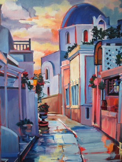 Santorini Sunset Street by Maxine Shore