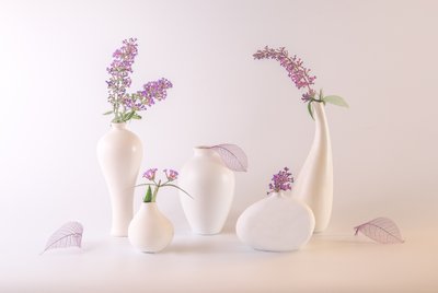 White Vases Lavender Flowers by May G