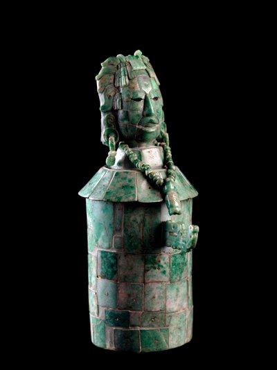 Cylindrical vase with jadeite mosaic, the lid is a man