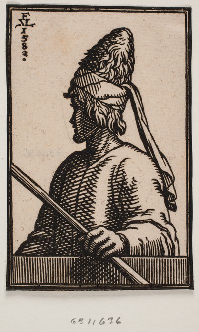 Bust of a Young Man with Pointed Hat Made of Leather, Holding a Staff in His Left Hand, Extended Over the Parapet; Shown in 3/4 Profile from the Man