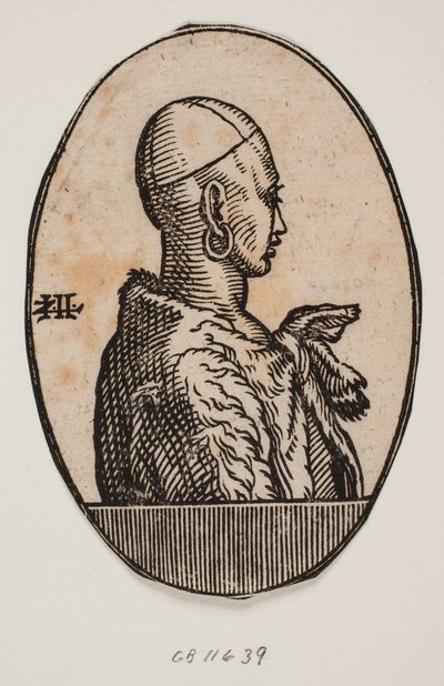 Circular Medallion with Half-Length Portrait of Unbearded Man Wearing a Calotte and an Earring, with a Fur Draped Over His Shoulder; Profile Towards the Right by Melchior Lorck