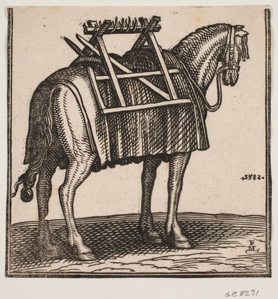 A yet unloaded packhorse with a carrying frame on its back, seen obliquely from behind to the right by Melchior Lorck