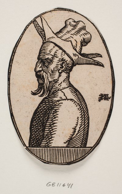 Oval Medallion with Bust of a Man with a Hanging Moustache and a Hat with Four Flaps; the Left Side of the Man
