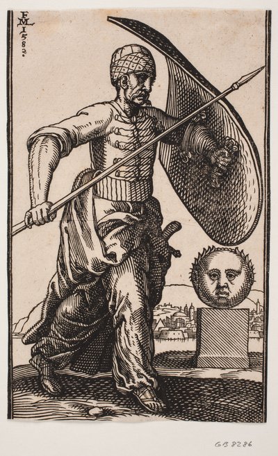 Soldier Walking to the Right; on the Left Arm a Curved Shield, in the Right Hand a Spear; to the Right a Pedestal with a Spherical, Frontal Head; in the Distance Behind the Head a City by the Water by Melchior Lorck