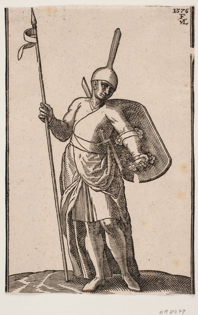 Standing Soldier, Front View; Headgear with High, Thin Top; in Right Hand a Spear, on Left Arm a Shield, Seen from Inside by Melchior Lorck
