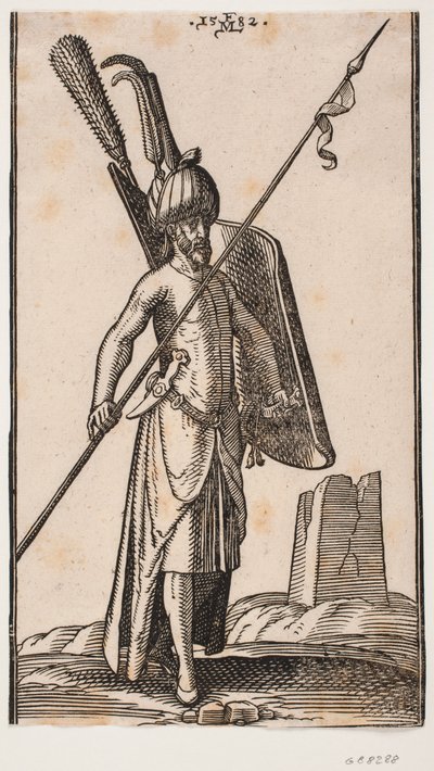 Standing soldier with curved shield in left hand and spear in right hand; sword at his left side, a dagger stuck in the belt at his left side; in the background to the right, the ruin of an obelisk or a tower with a square base by Melchior Lorck
