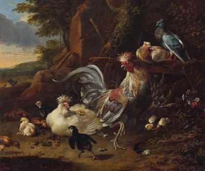 Rooster, Hens and Other Fowl in a Yard by Melchior d
