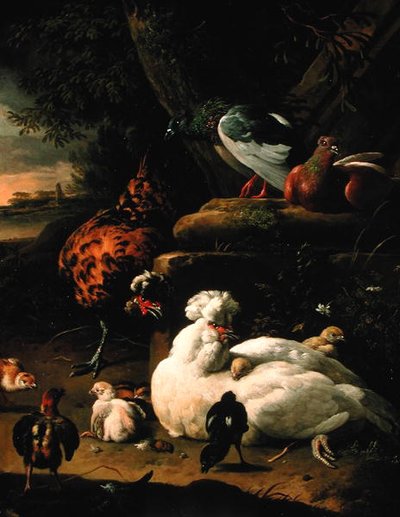 A Hen with Chicks, a Rooster and Pigeons in a Landscape by Melchior de Hondecoeter