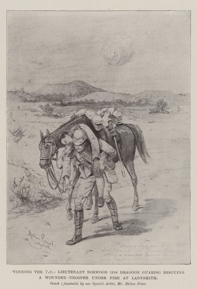 Winning the VC, Lieutenant Norwood (5th Dragoon Guards) Rescuing a Wounded Trooper Under Fire at Ladysmith by Melton Prior