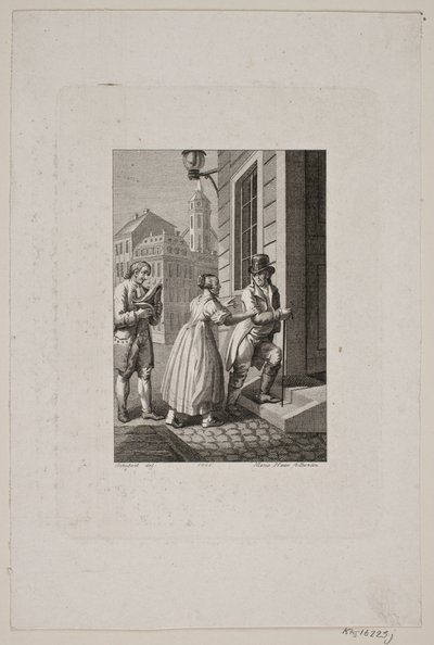 Illustration with a Woman Stopping a Gentleman at a Gate While a Servant Looks On by Meno Haas