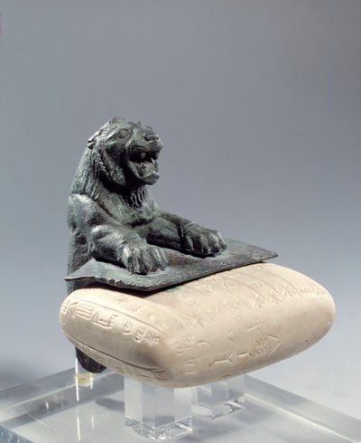 Bronze lion holding a foundation tablet in Hurrian language, written in alphabetical cuneiform. From Northern Syria. 2150 BC by Mesopotamian Mesopotamian