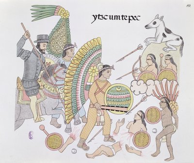 Hernando Cortes, Under Siege at Tenochtitlan, Resolves to Leave the City, Illustration from a Facsimile of a Mexican Indian Picture History Lienzo de Tlaxcala of c.1550, 1892 by Mexican School