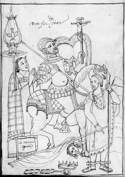 Cortes on Horseback, standing over the defeated Aztec King Moctezuma, illustration from Historia de Tlaxcala by Diego Munoz Camargo by Mexican School