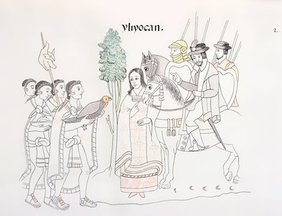 Meeting of Hernando Cortes and the Aztecs, Illustration from a Facsimile of a Mexican Indian Picture History Lienzo de Tlaxcala of c.1550, 1892 by Mexican School