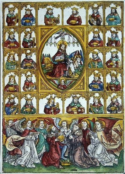 Jesus surrounded by the Symbols of the Four Evangelists and many kings carrying harps and gold cups by Michael Wolgemut or Wolgemuth