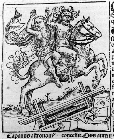 The Devil and a Witch Going for the Sabbath by Hartmann Schedel, Liber chronicarum, Nuremberg 1493 by Michael Wolgemut or Wolgemuth