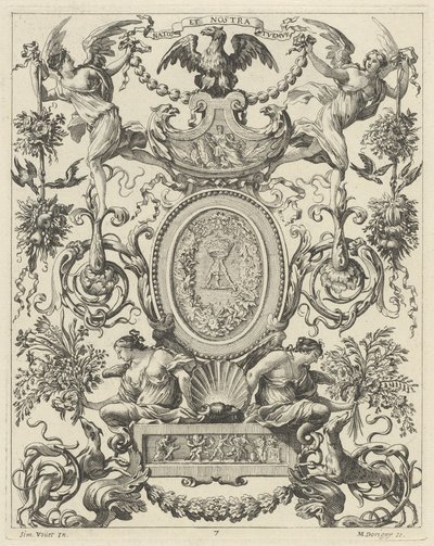 Ornamental Panel Surmounted by an Eagle and the Motto NATOS ET NOSTRA TUEMUR by Michel Dorigny, after Simon Vouet