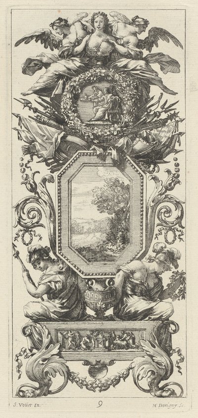 Ornamental Panel Surmounted with Two Figures Leaning on the Bust of a Woman by Michel Dorigny, after Simon Vouet