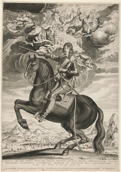 Equestrian Portrait of Louis XIII (Bourbon) at the age of 33 (Landscape after Callot) by Michel Lasne