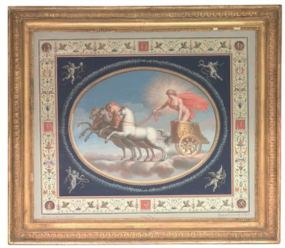 One of a set of four decorative panels showing Apollo, Mars, Venus and Mercury in chariots, surrounded by Pompeian grotesques by Michelangelo (studio of) Maestri