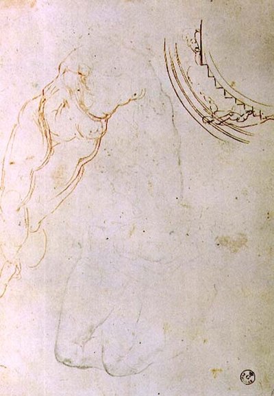 Study of a Prone Figure with Crossed Legs and a Design for a Lunette Showing a Figure Mounting a Staircase by Michelangelo Buonarroti