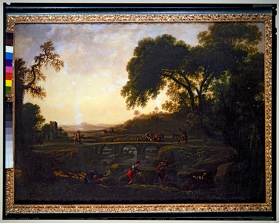 Landscape with a Bridge and Peasants and Cows and Goats by Michelangelo Cerquozzi