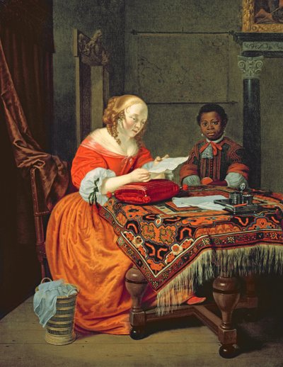 A Woman Reading a Letter with a Black in Attendance, 1670 by Michiel van Musscher