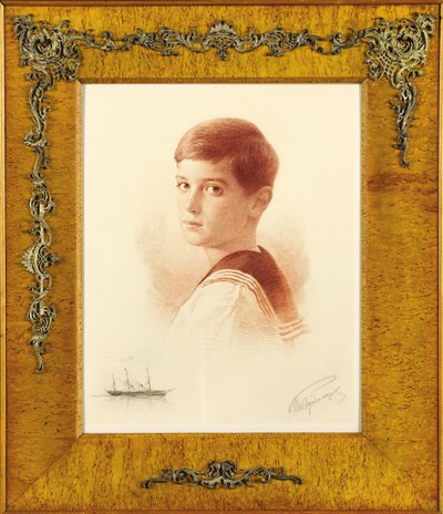 Portrait of the Successor to the Throne Tsarevich Alexei Nikolaevich of Russia with a Remarque Depiction of the Imperial Yacht, 1913 by Mikhail Viktorovich Rundaltsov