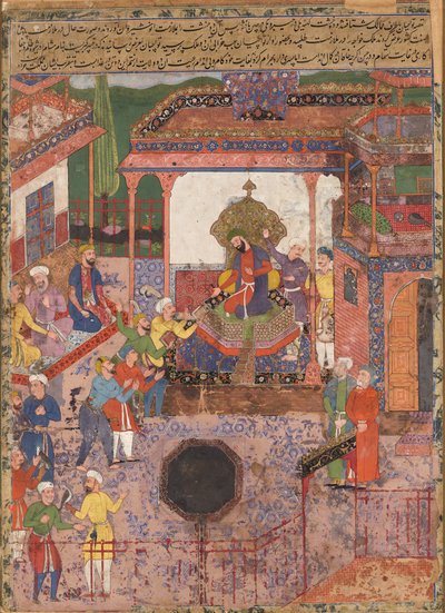 Emissaries Bring News from the Provinces of Khaybar and Chin to Anoshirvan. From the Hamzanama by Mir Sayyid Ali