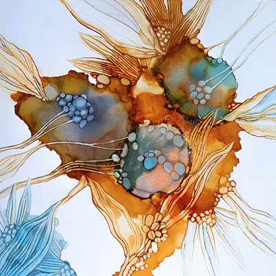 Golden Blue Blooms by Mishel Schwartz