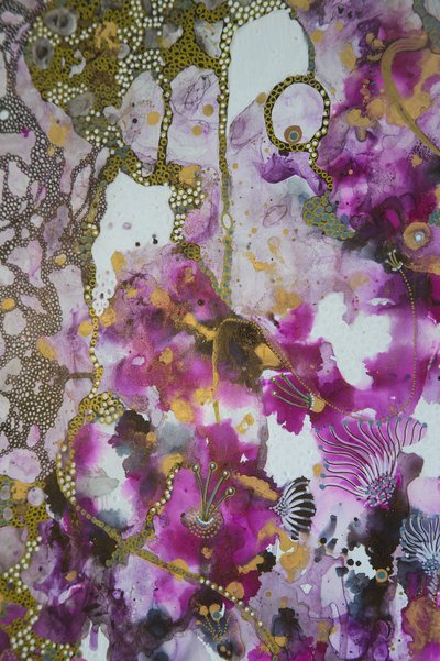 Vibrant Magenta Gold Blooms by Mishel Schwartz