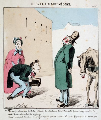 Cartoon of transport in the city. A man begs a coachman to transport him and his wife. The haughty coachman refuses to allow the woman to board. Drawing by Moloch (1849-1909), around 1860. by Moloch