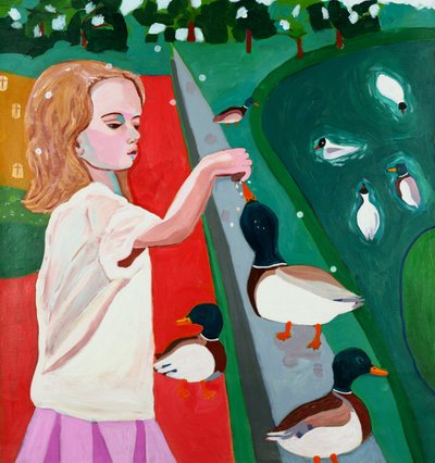 Girl Feeding Ducks in Park by Monica Prentice