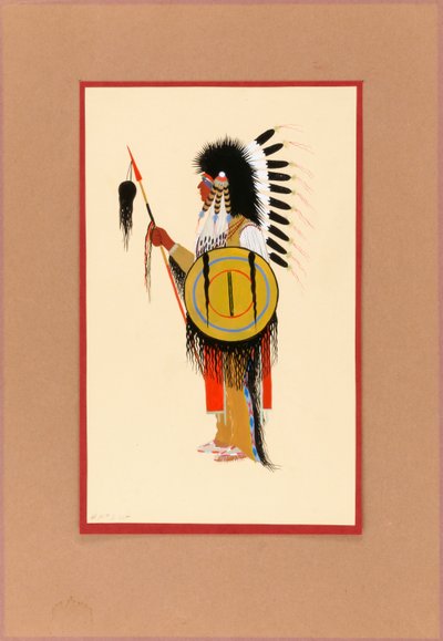 Cheyenne Warrior in Feather Headdress with Shield by Monroe Tsatoke