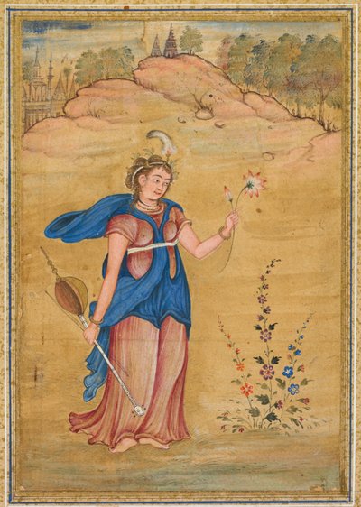 A Female Figure Holding a Khuuchir and a Lotus by Mughal School