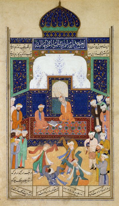 Dervishes Dancing to Music Before their Shaik and a Disciple, from the Khamsah of Prince Khusrau, Matla al-Anvar, 1485 (890 Hijra) by Mughal School