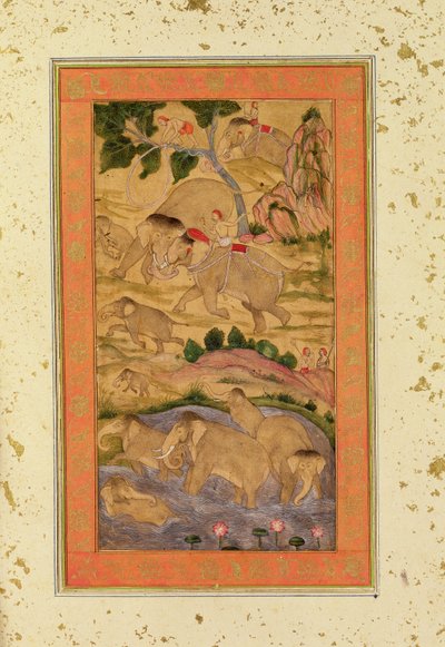 Hunters Capturing Elephants, from the Large Clive Album by Mughal School