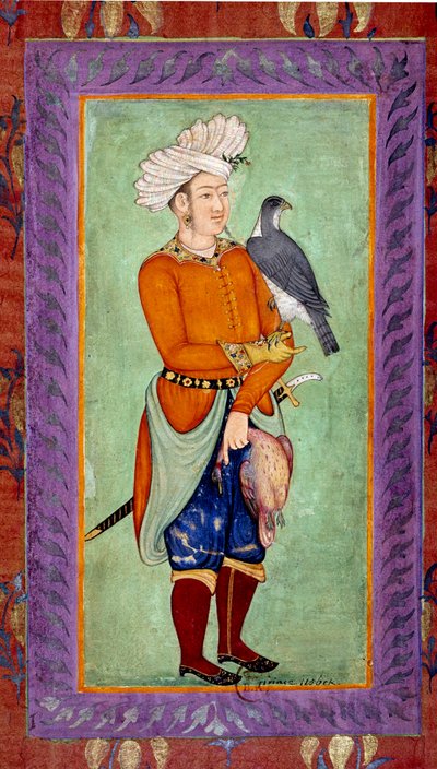 Representation of a Uzbek Prince Holding a Hawk for Hunting by Mughal School