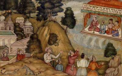 Villagers Paying Homage to a Man and His Family Seated on a Garlanded Verandah by Mughal School