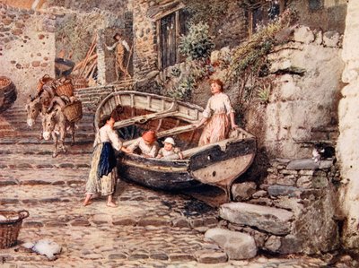 View of Clovelly, with Stranded Boat and Figures, 1882 by Myles Birket Foster