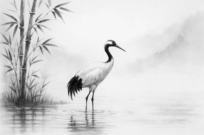Crane in Misty Landscape by Natalie Bruns