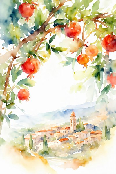 Pomegranates Over Tuscan Village by Natalie Bruns