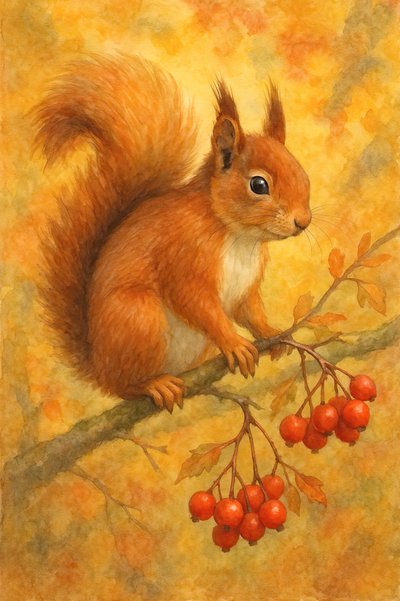 Red Squirrel Autumn Berries by Natalie Bruns