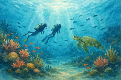 Scuba Divers And Turtle by Natalie Bruns