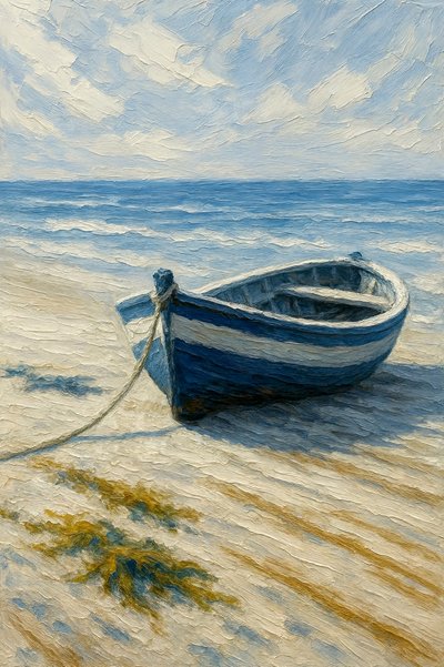 Serene Blue Boat on Beach by Natalie Bruns