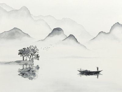 Serene Mountain Lake Boat by Natalie Bruns