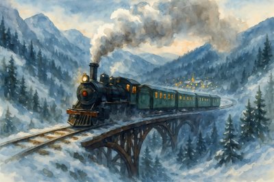 Winter Train Village Lights by Natalie Bruns