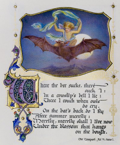 Illuminated page from a book of Shakespeare sonnets depicts a scene from The Tempest by Nathan Benn