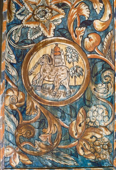 Painting of an elephant carrying the temple in an 18th century rural synagogue painting by Nathan Benn