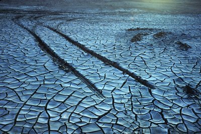 Photograph of a dried bed of chemical sludge patterns and tracks from a car or truck by Nathan Benn
